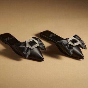 NIB Jeffrey Campbell Sit Pretty Flats 8.5 Black Satin Rhinestone Buckle Bow